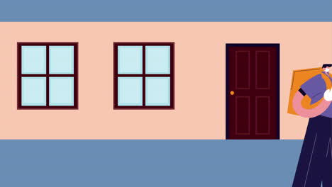 delivery service worker with box in the house door animation