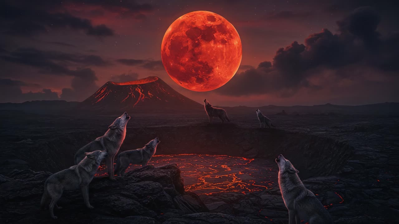 A Dramatic Encounter: Wolves Howling Beneath a Blood Moon, Surrounded by a Fiery Lava Crater and an Erupting Volcano in a Mystical Landscape