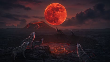 a dramatic encounter: wolves howling beneath a blood moon, surrounded by a fiery lava crater and an erupting volcano in a mystical landscape