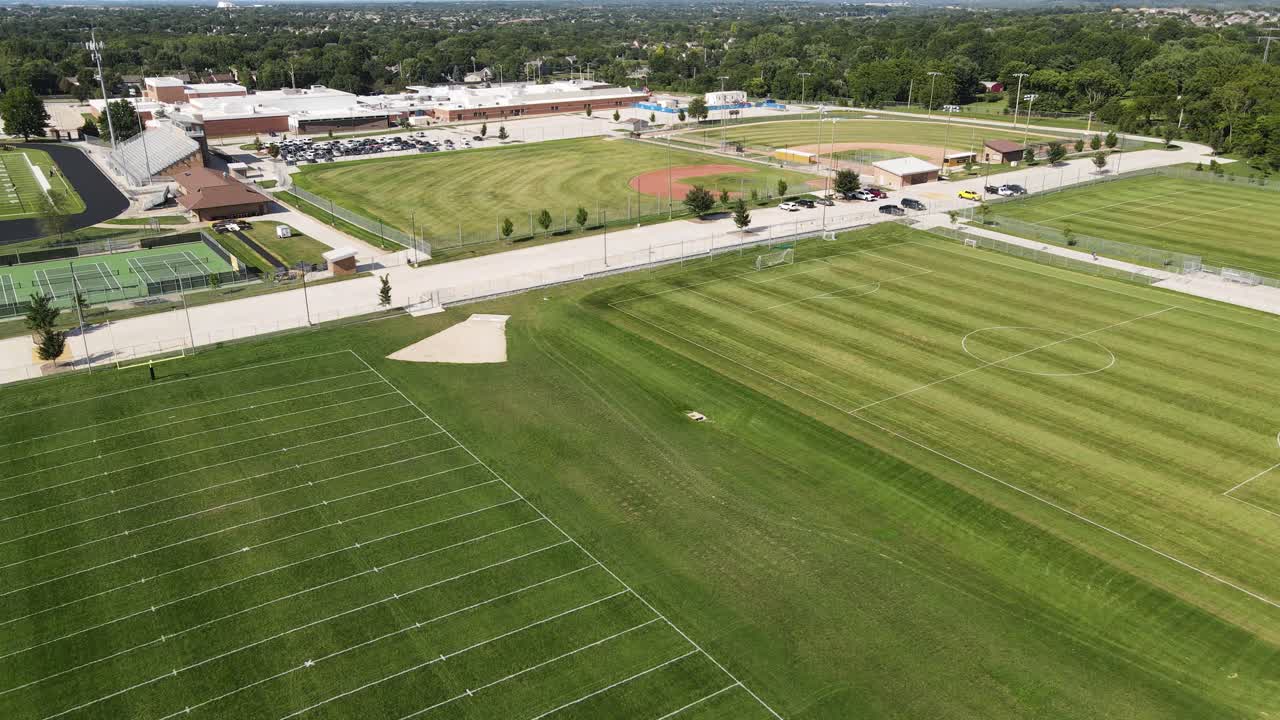 American Sports - Football, Soccer, Tennis, - Baseball Fields - Aerial Drone Establishing View