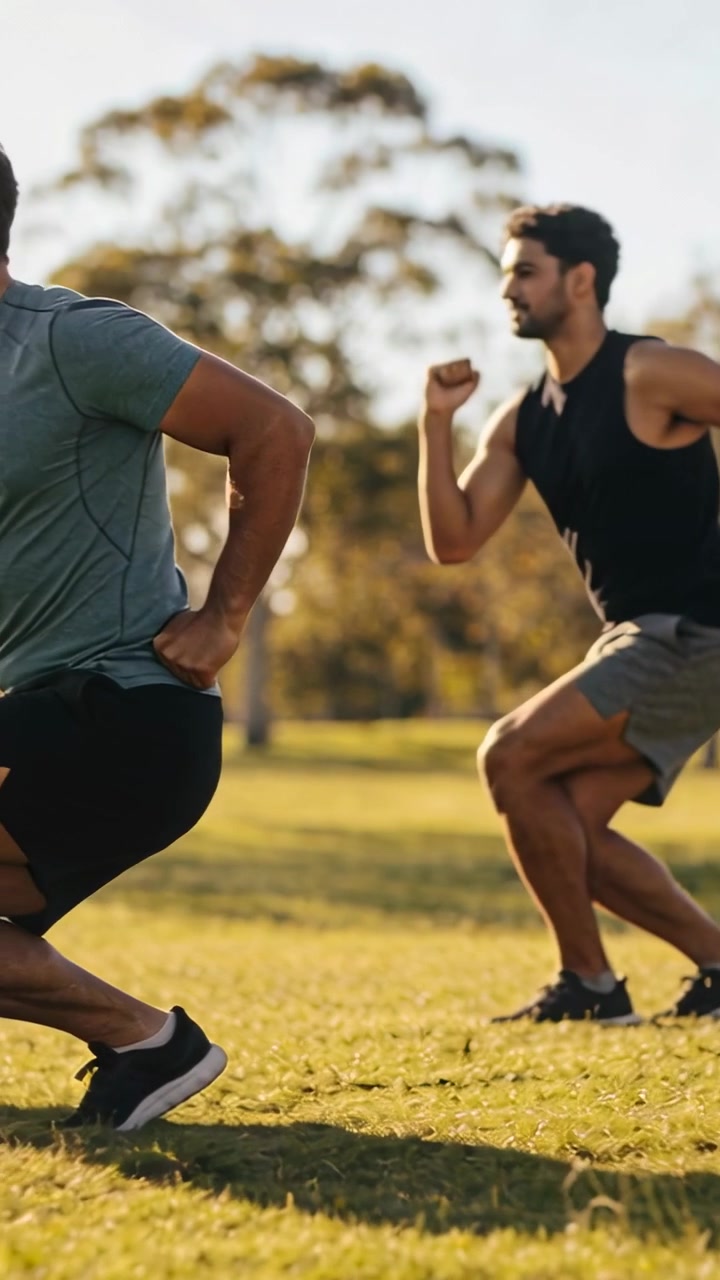 Vertical video: Rising from lunge, two men in gray black tops and shoes doing strides across park