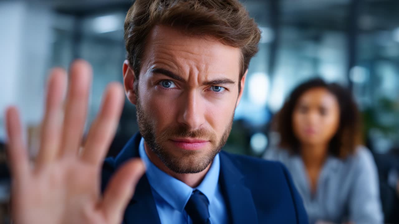A man in a suit gestures with his hand, representing a stop signal, as he confronts someone behind him in a professional office environment, illustrating assertiveness