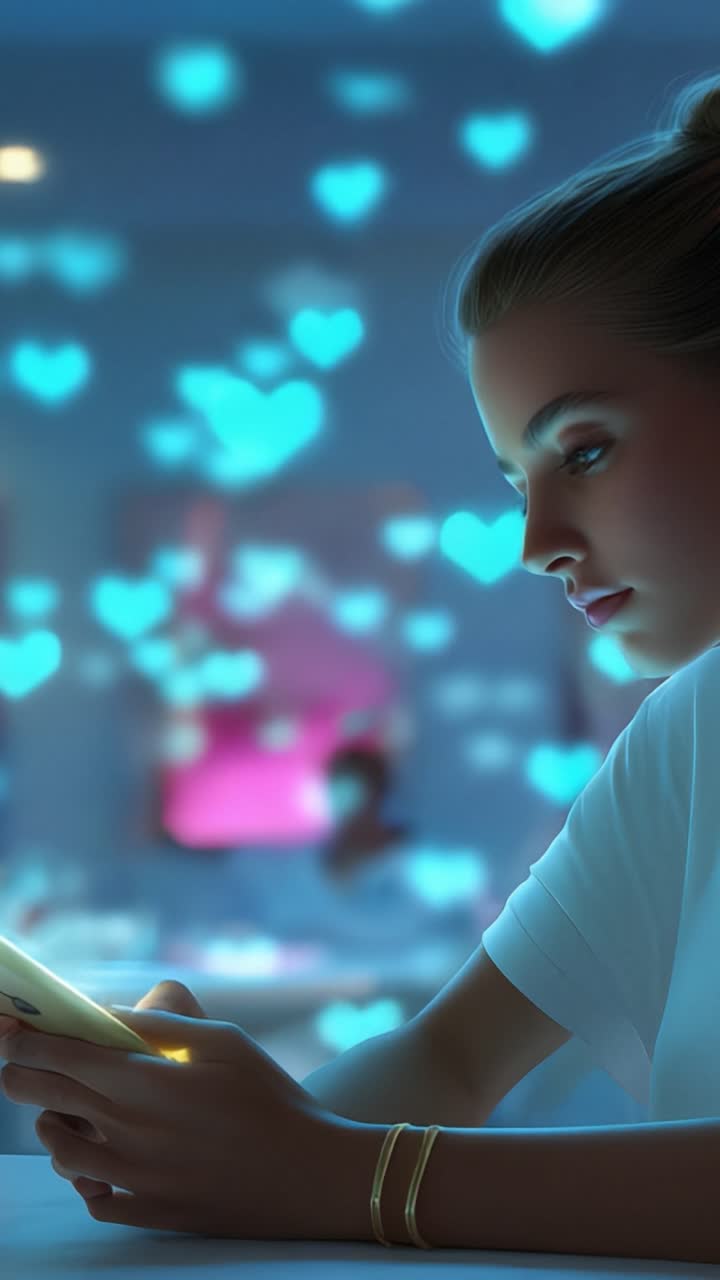 Momento Cativante de Conexão: Uma Vista de Perfil de uma Jovem Mulher Concentrada no Seu Smartphone em Meio a um Fundo Onírico com Tema de Corações, Criando uma Cena Encantadora.