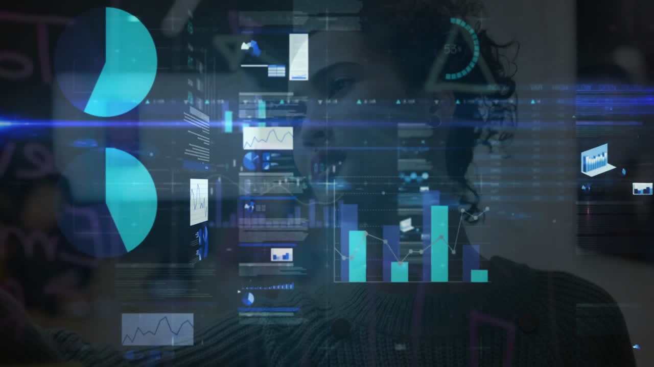 Analyzing digital graphs, businesswoman using animation interface in modern office