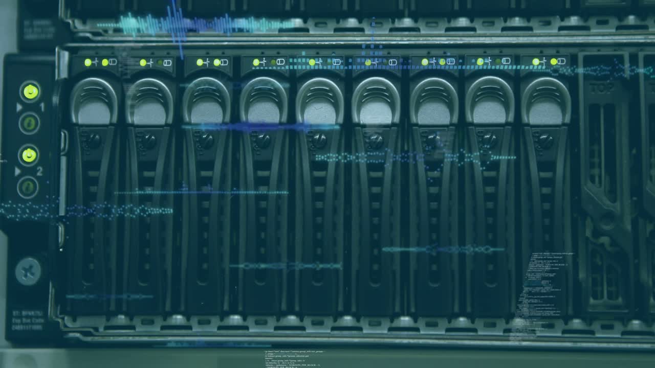 Animation of data processing over close up of computer server