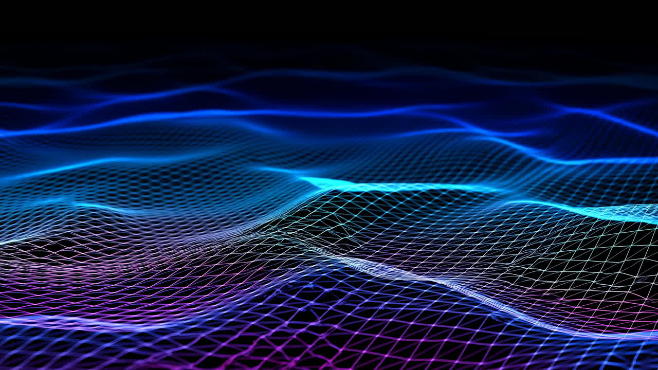 Glowing Neon Mesh Waves Undulating Across Dark, Wireframe Grid Forms Luminous Blue And Purple Landscape,