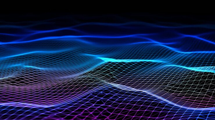 Onde luminose a maglie di neon ondeggianti su uno sfondo scuro, forme a griglia wireframe creano un paesaggio luminoso blu e viola.
