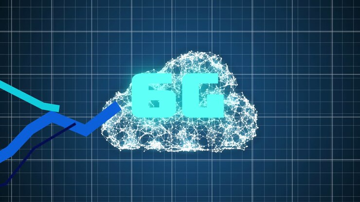 Multiple blue graphs moving 6g text over cloud of network of connections against blue background