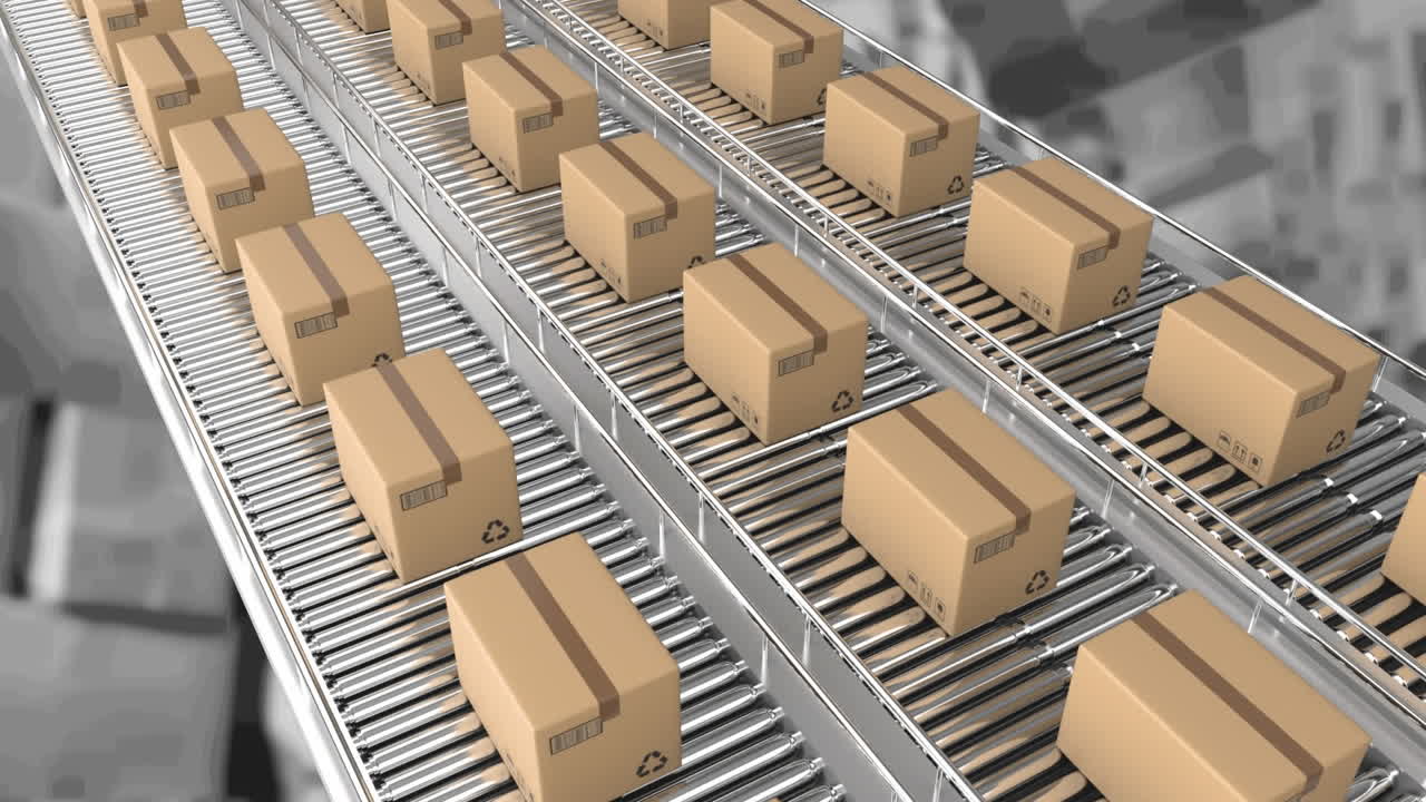 창고 위에서 컨베이어 벨트에 움직이는 카드보드 상자의 애니메이션