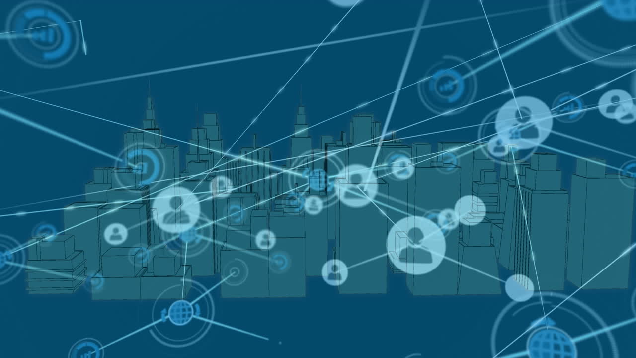 Animation of network of connections over digital city on blue background