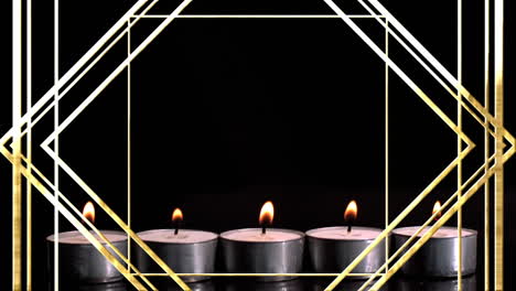 animación del patrón de línea dorada sobre velas de luz de té encendidas sobre fondo negro