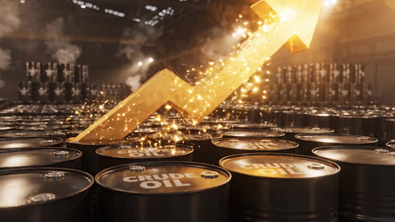 Eine dynamische Ansicht von Rohölfässern in einem Lagerhaus, die einen Anstieg des Marktwerts mit einer grafischen Darstellung von Wachstum und industrieller Aktivität zeigt.