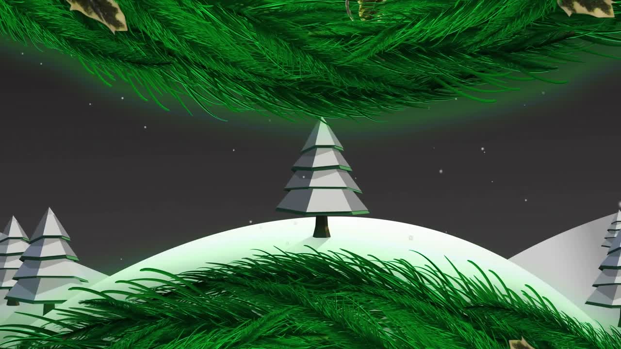Animation of santa claus in sleigh with reindeer moving over moon and winter landscape