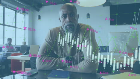 animation of data processing over portrait of african american man having a video call at office