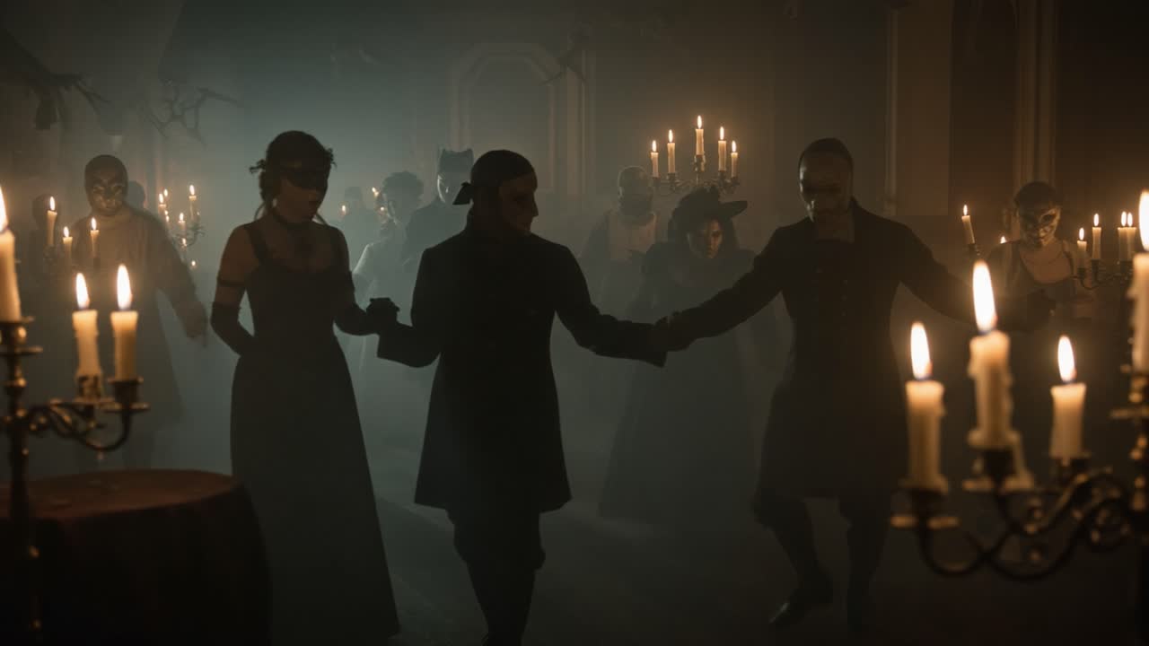 A Mysterious Gathering of Elegantly Dressed Figures in Candles' Glow, Emphasizing the Haunting Atmosphere of a Darkened Room Filled with Intriguing Shadows and Masks