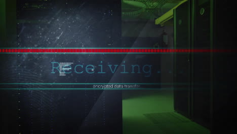 Animation-of-receiving,-encrypted-data-text-on-interface-processing-over-server-room