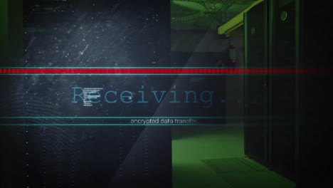 animation of receiving, encrypted data text on interface processing over server room