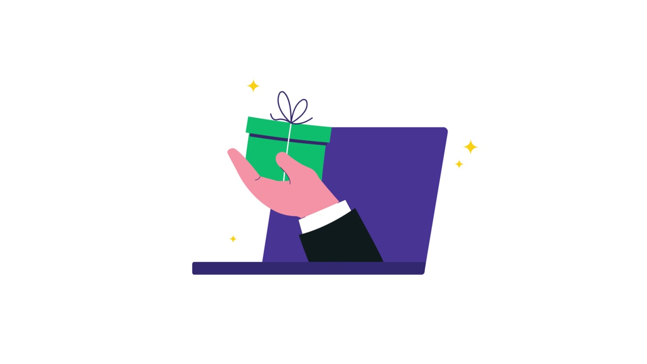 Mano animata che regge una confezione regalo dallo schermo di un laptop