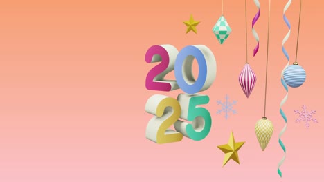 Animation-of-2025-number-over-new-year-and-christmas-decorations-on-pink-background