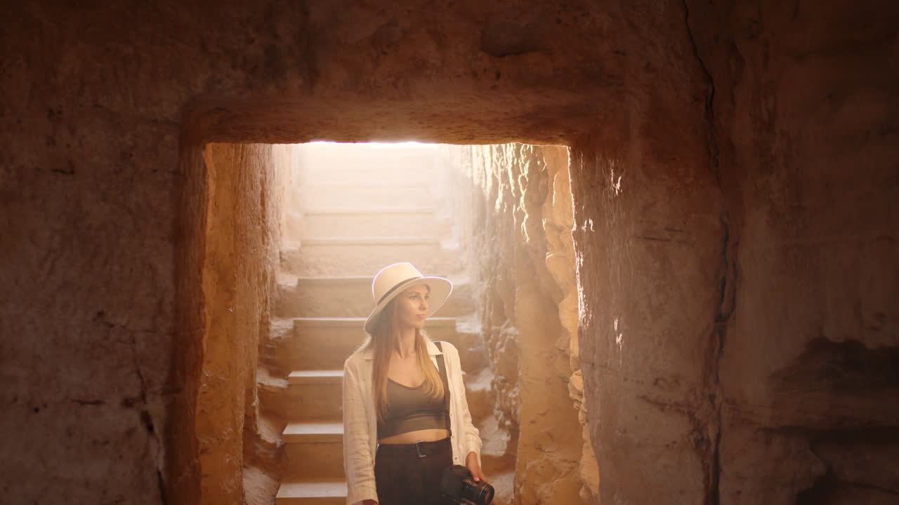 una mujer explorando un antiguo túnel.