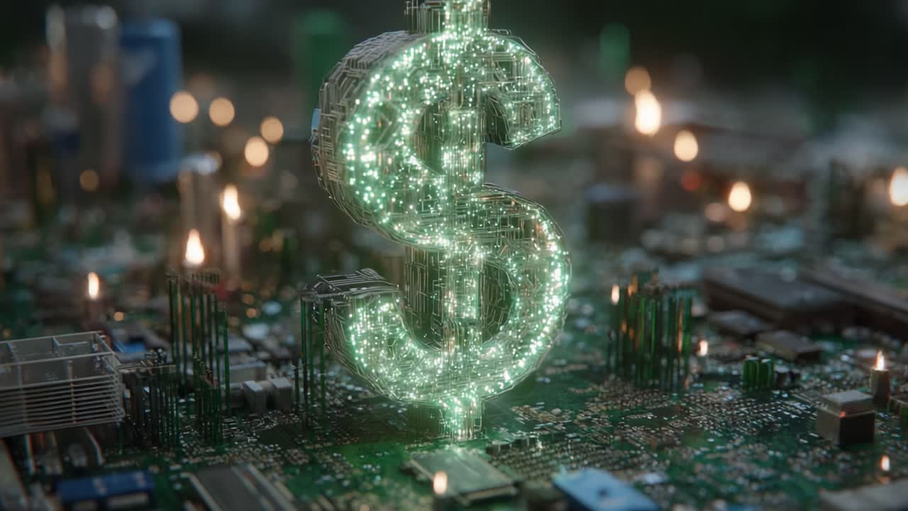 A Stunning Glimmering Digital Dollar Sign Illuminated Against a High-Tech Circuit Board, Representing the Intersection of Finance and Technology in a Modern Economy