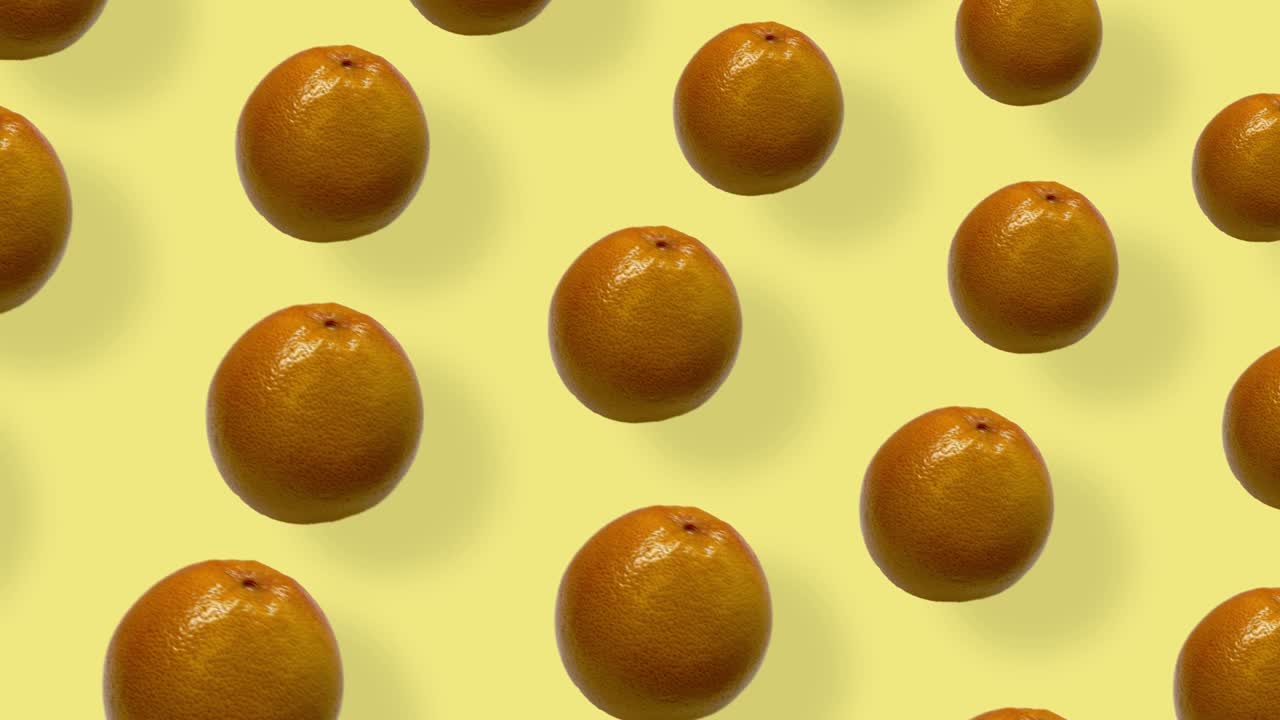 patrón de frutas coloridas de pomelos frescos en fondo amarillo con sombras. patrón sin costuras con pomelos. animación realista. movimiento de video 4k