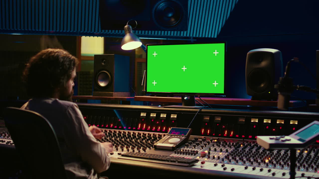 Sound designer editing e registrazione di tracce con console di mixaggio nella sala di controllo