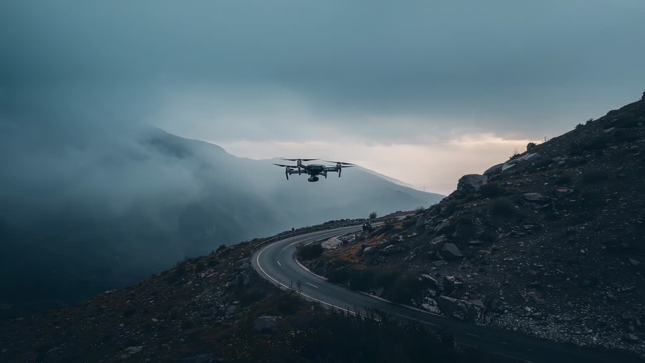 Flyvende dronekardan, der kommer ind i frame og filmer bjergvej, passerer mørk bil og person i mørk frakke