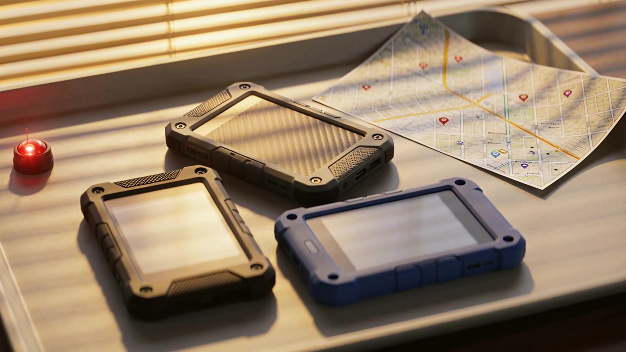 Shifting sunlight sweeping tray by window blinds, revealing rugged handheld devices and folded map