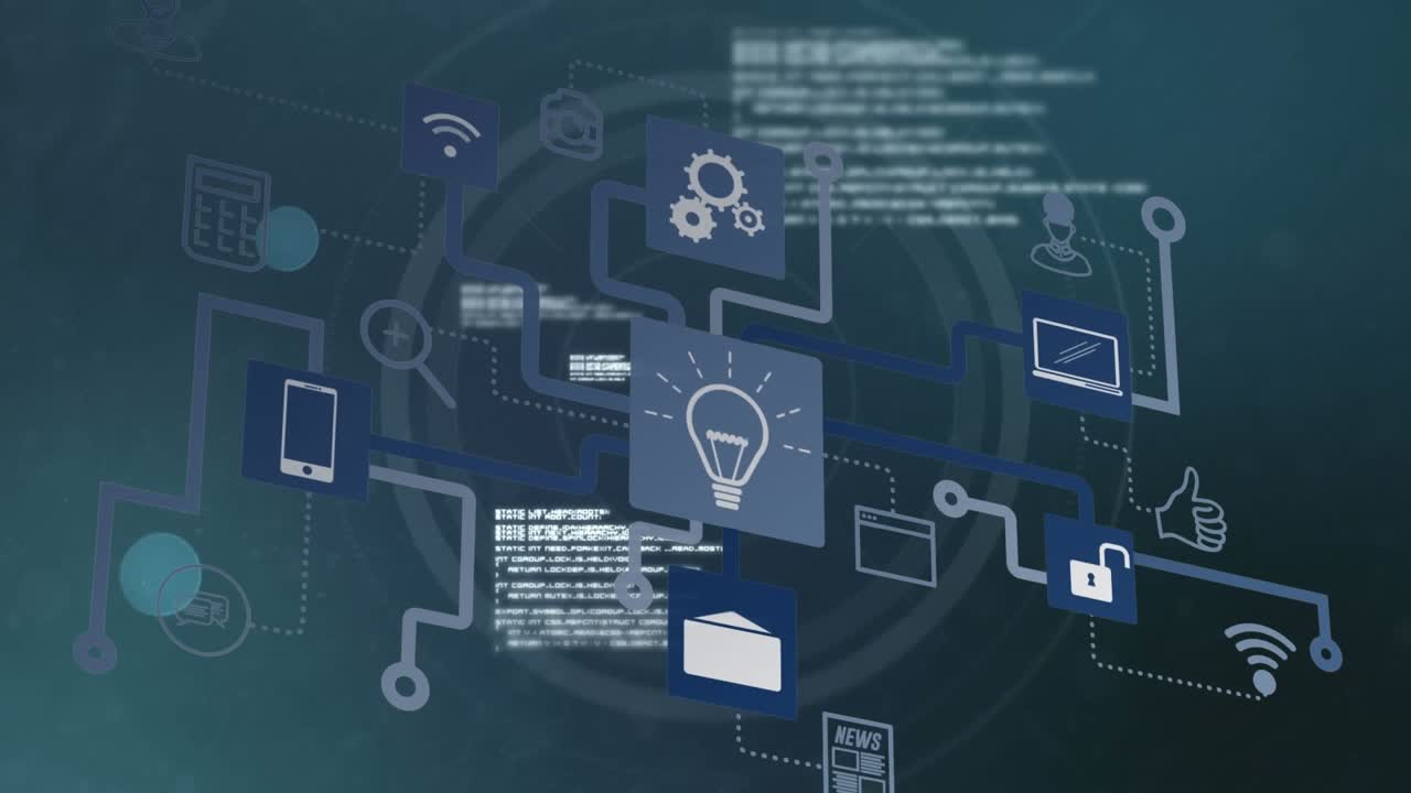 Animation of network of connections and data processing over dna strand on black background
