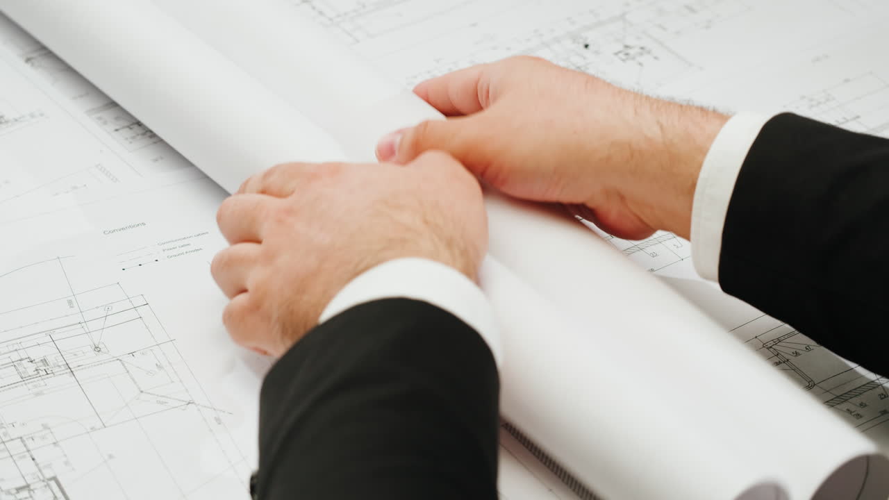 Person's Hands Examining Blueprints or Technical Drawings