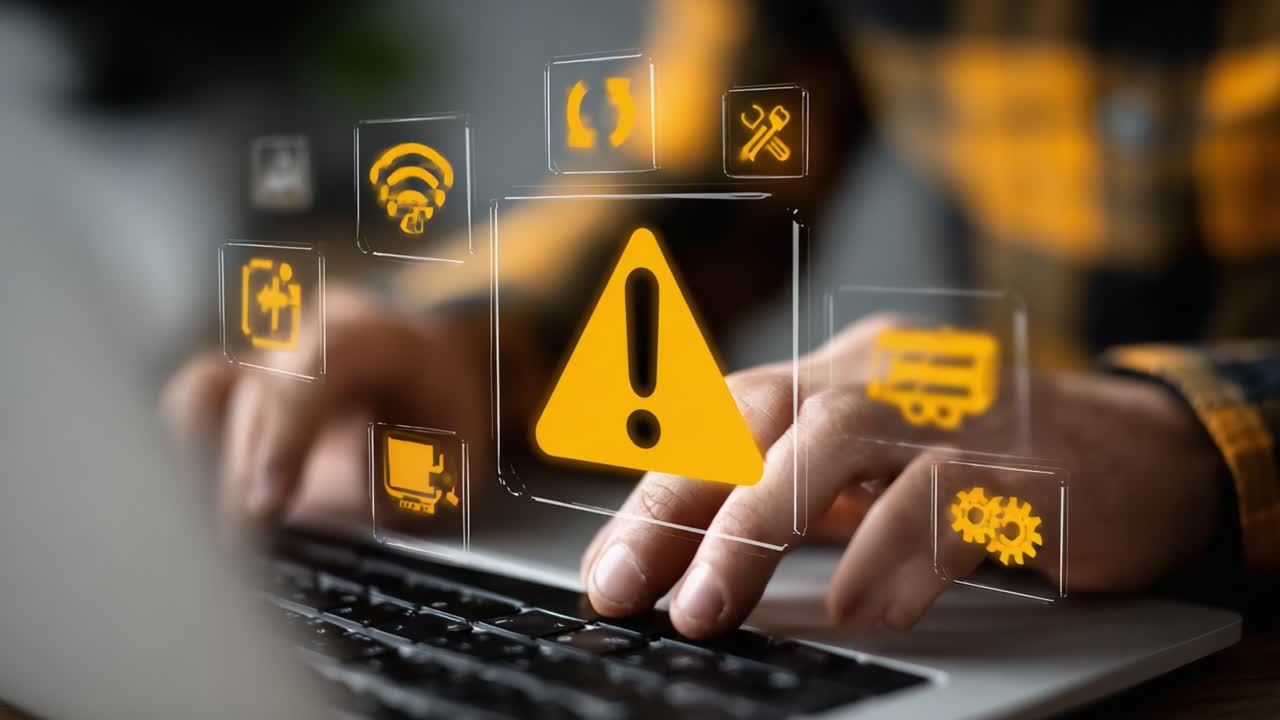 An Individual Engaging with a Laptop, Interfacing with Digital Warning Icons Symbolizing Urgent Notifications and Technology Alerts