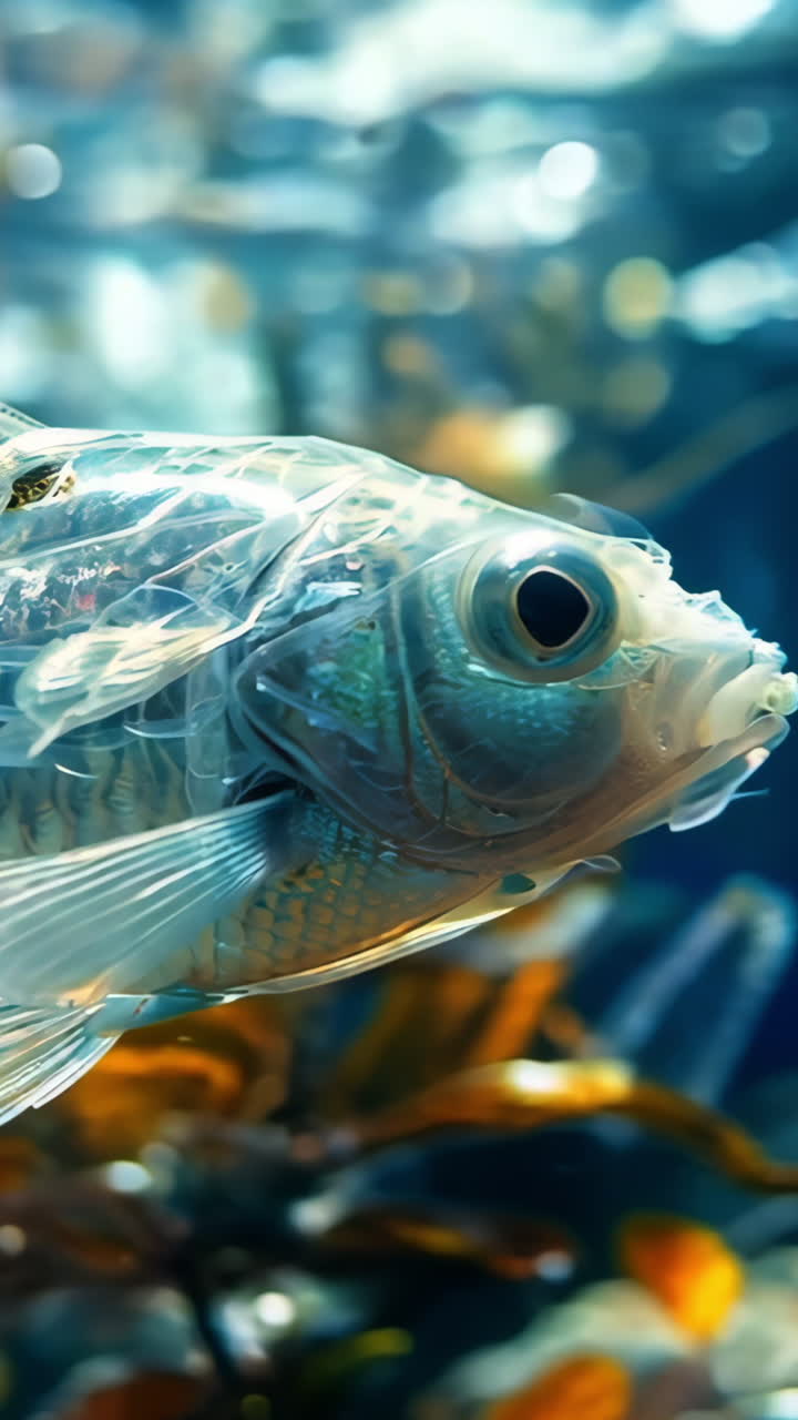 A fish is swimming in a body of water with plastic wrap covering its body. The fish appears to be struggling to swim and breathe