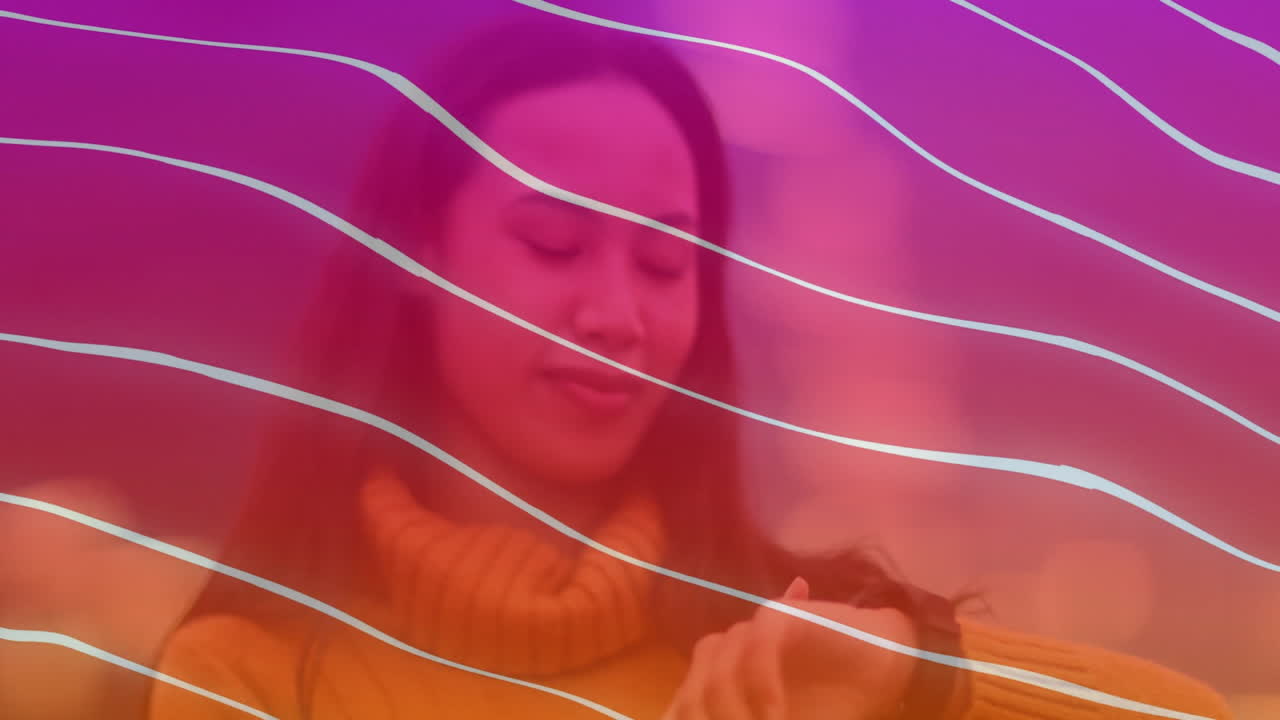 Woman checking smartwatch in technology scene, showing magenta gradients, white wavy lines