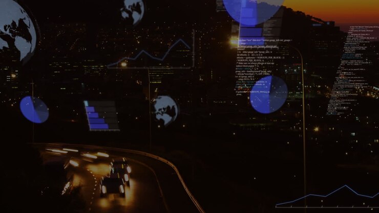 Animation of financial data processing over cityscape