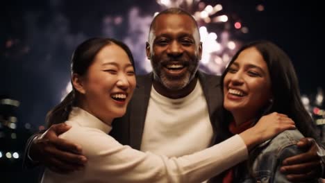 a joyful celebration: three friends embrace each other against a stunning fireworks background, capturing the essence of happiness and togetherness in a vibrant night scene