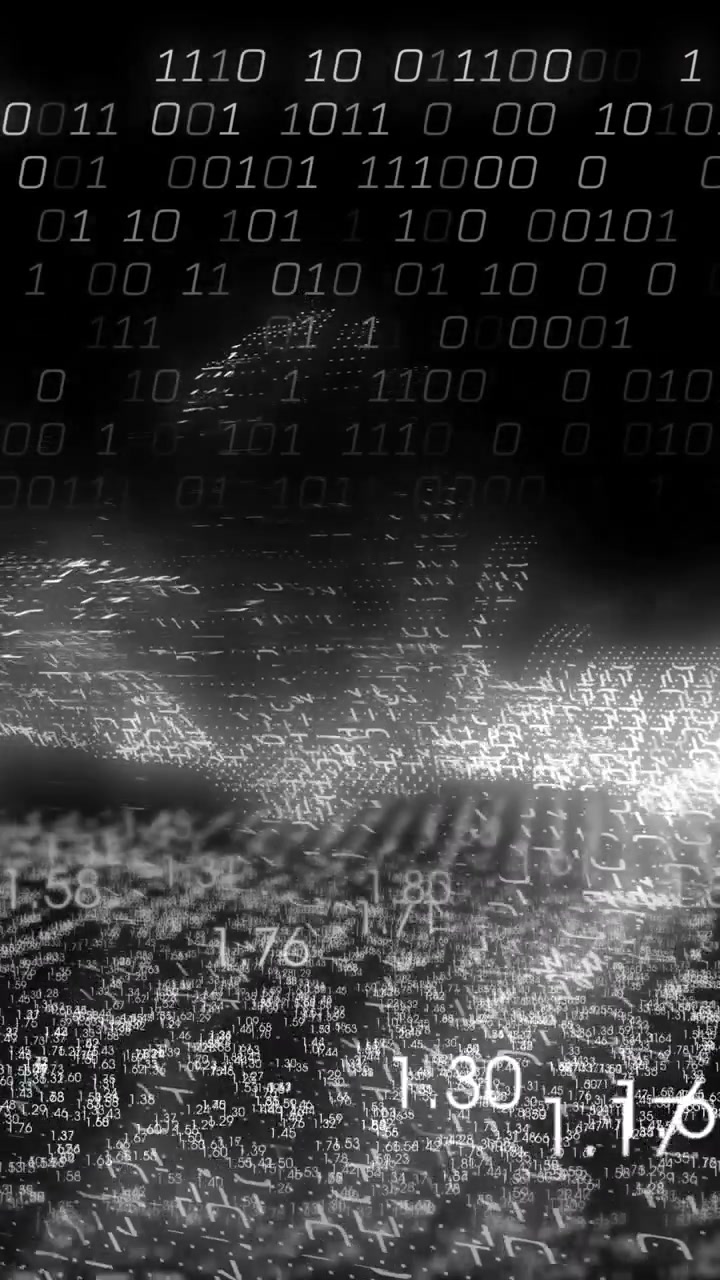 Animation of financial data processing and binary coding over black background