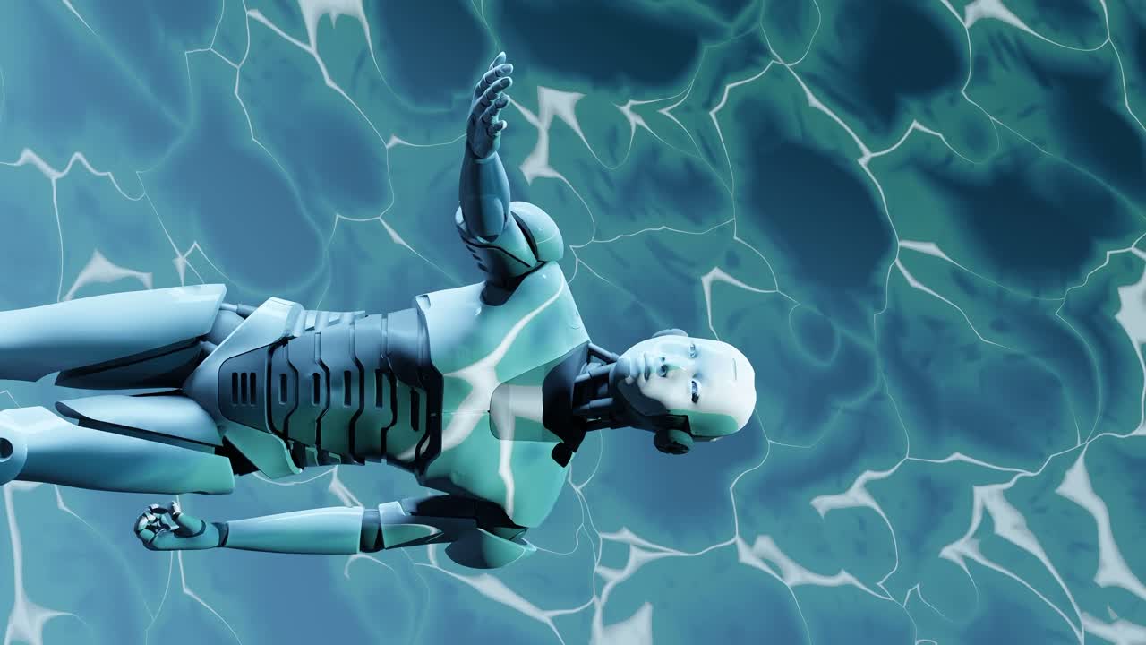 robot cyborg humanoid prototype showing its open hand empty palm with liquid texture background in 3d rendering animation vertical