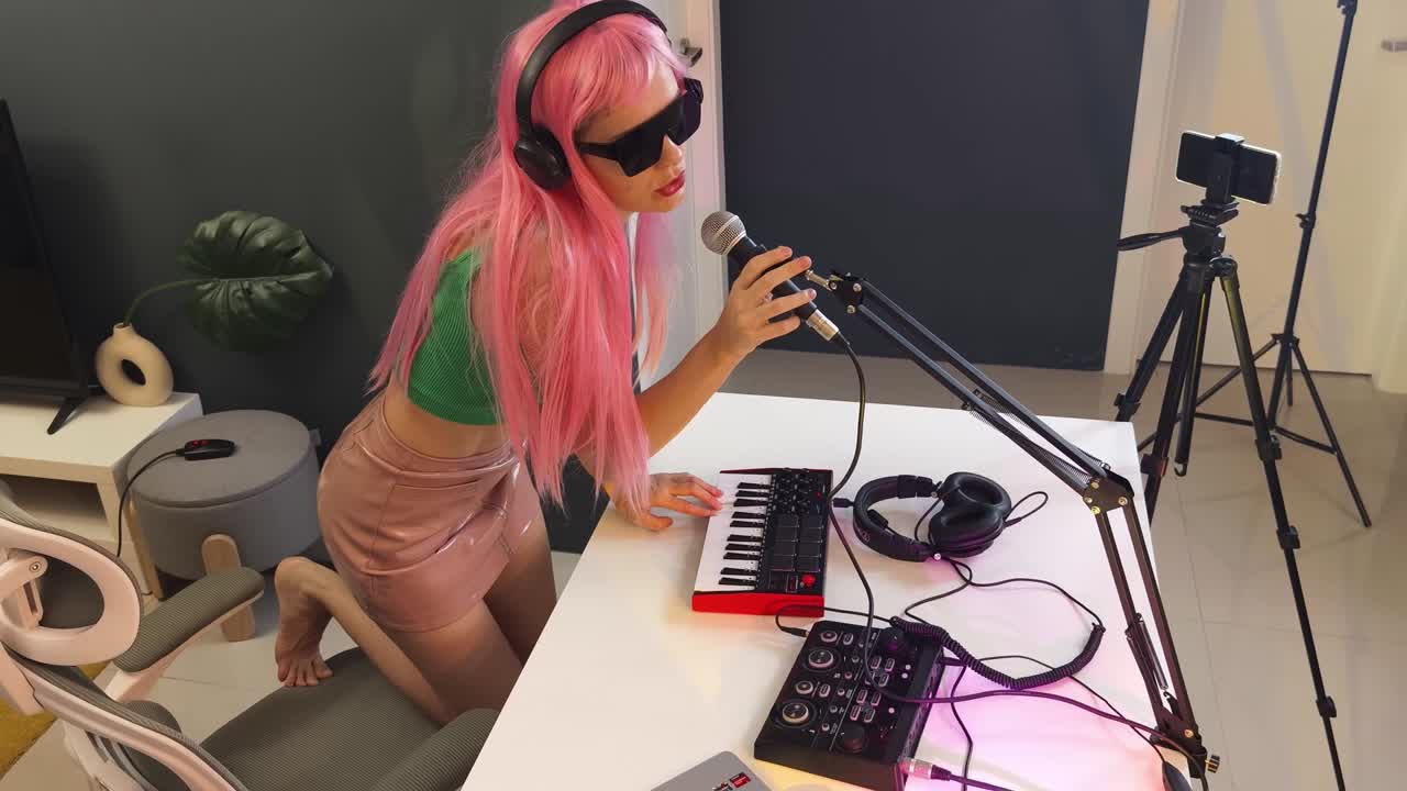 joven grabando música en un estudio casero