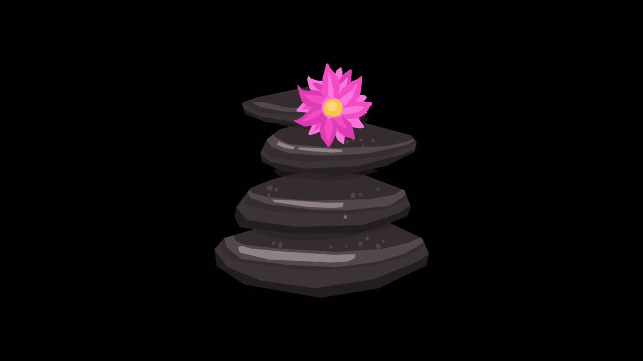 Pila animata di pietre Zen con un fiore rosa.