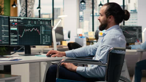 day trader with disability analyzes stock market charts, buying and selling