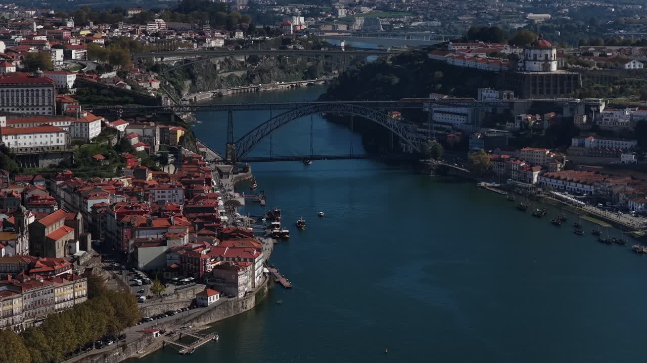 Cityscape of Porto with the bridges and boats on the Douro river