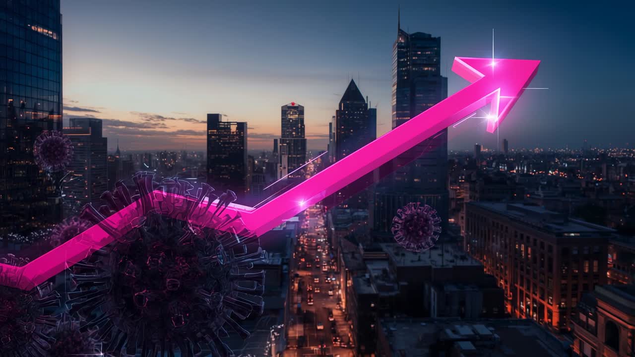 Hovering 3D virus particle releasing neon pink arrow ascending across downtown skyline at dusk