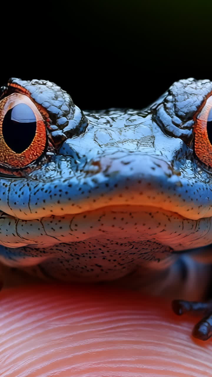 A frog with red eyes is sitting on a finger. The frog is looking at the camera. The image has a playful and curious mood