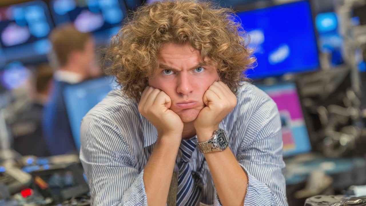 Frustrated Trader at Work: Capturing the Emotional Struggles of a Financial Professional in a High-Pressure Market Environment, Feeling Stressed and Overwhelmed