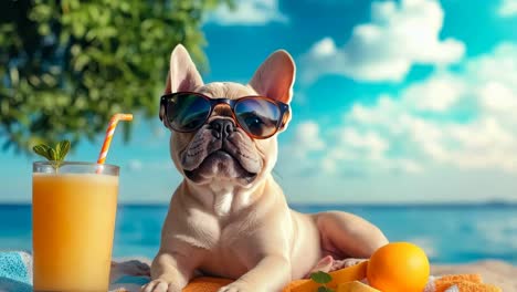 a dog wearing sunglasses laying on a beach towel next to a glass of orange juice