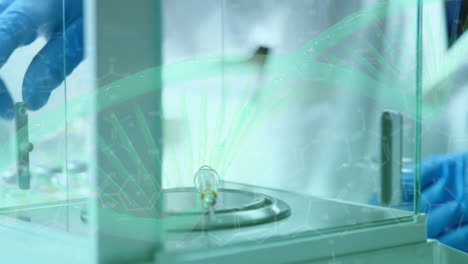 animación de una cadena de adn y una fórmula química sobre un científico caucásico haciendo un experimento
