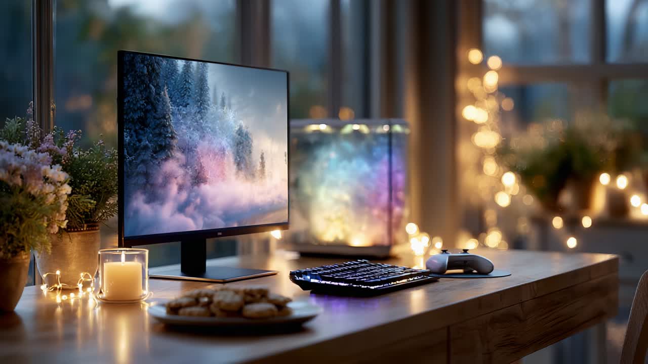 A Cozy Home Office Setup Featuring a Stylish Monitor and Colorful Lighting, Enhanced by a Sleek Keyboard and Mouse, Perfectly Complemented by Delicious Cookies and a Warm Atmosphere