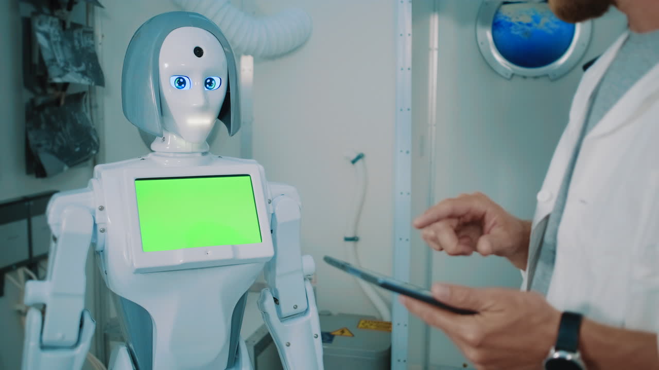 científico interactúa con el robot en un entorno de laboratorio