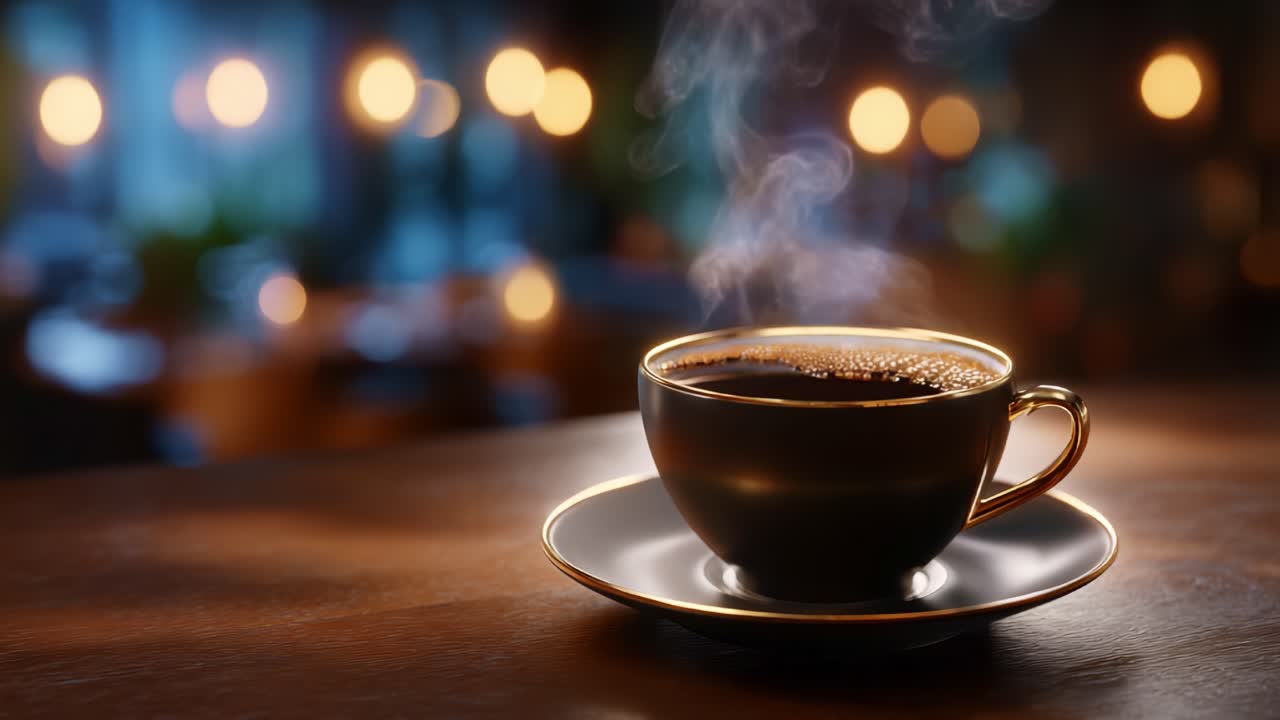 Tazza di caffè fumante su un tavolo di legno, circondata da luci bokeh calde e soffuse che creano un'atmosfera accogliente e invitante per il relax e il piacere